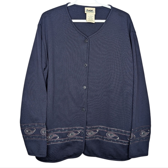 Vintage Northern Reflections Navy Paisley Embroidered Button Up Cardigan Women L - Picture 1 of 9